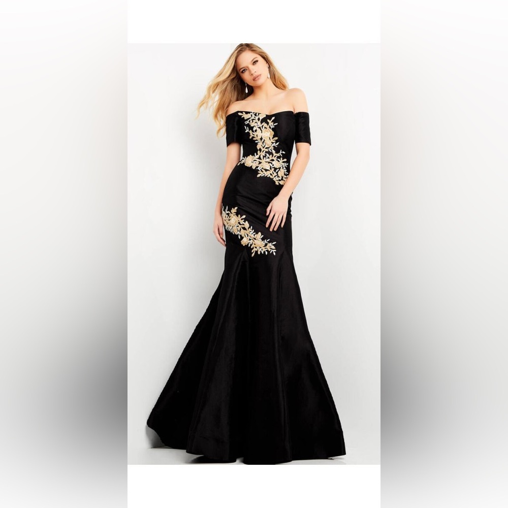 Jovani discontinued 04814 off the shoulder gorgeous black and gold gown.